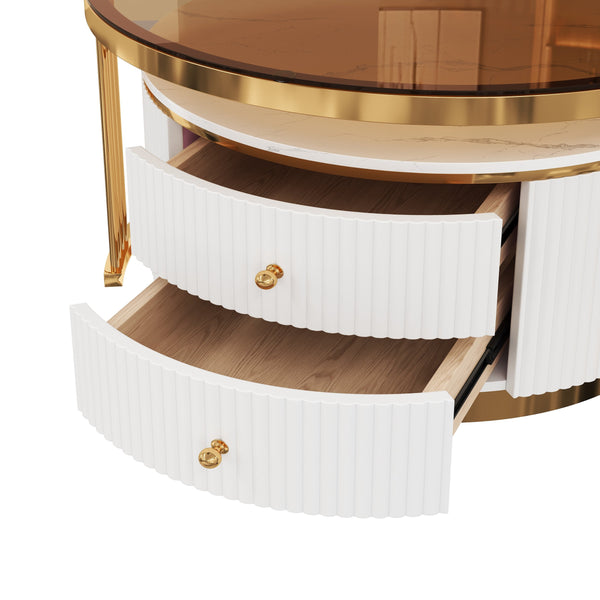 English Elm Modern Round Nesting Coffee Table Set with Gold Pedestal Legs and Storage Drawers Brown,White N735P349323D