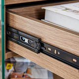 English Elm Bedside Table With Drawers. The Board Surface Is Mdf Sticker, and Both Sides Are Transparent Tempered Glass. The Design Is Simple and Elegant, With Excellent Storage Functions.