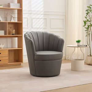 English Elm Gray Petal Swivel Chair with 360° Silent Metal Base, Top-Grain Leather Wingback Accent Seat, Curved Fluted Design W570P375747