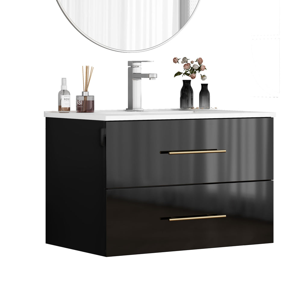 English Elm 30-Inch Sleek Black Gloss Wall-Mounted Bathroom Vanity With Integrated Sink & Easy Installation Options W3151S00054
