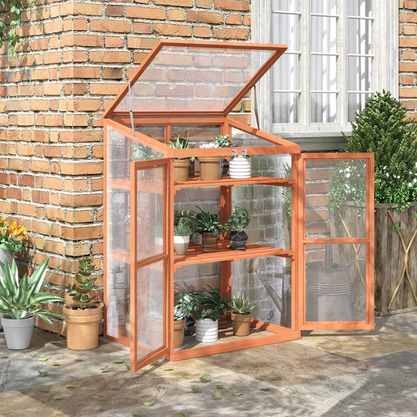 English Elm Outsunny Fir Wood Mini Greenhouse Cabinet with Polycarbonate Panels and Slatted Shelves W2225P200750