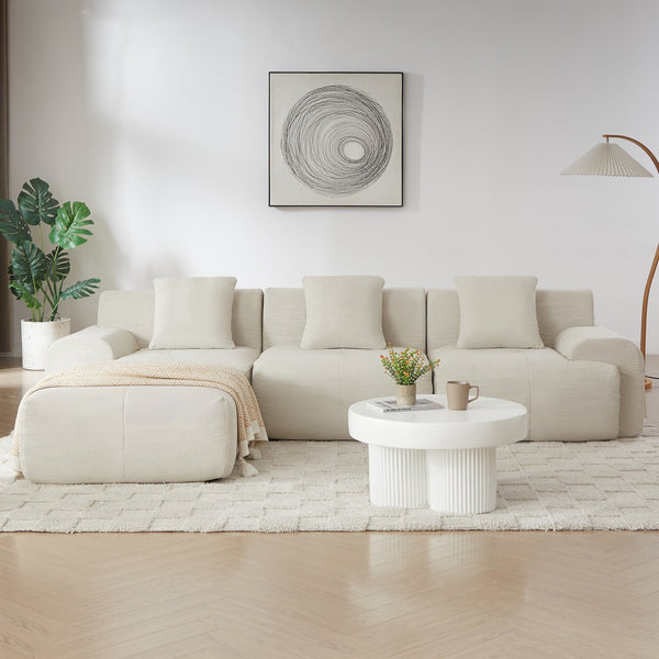 English Elm 113" Modular L-shaped Sectional Sofa Corduroy Upholstered with Movable Ottoman Beige W1359S00061