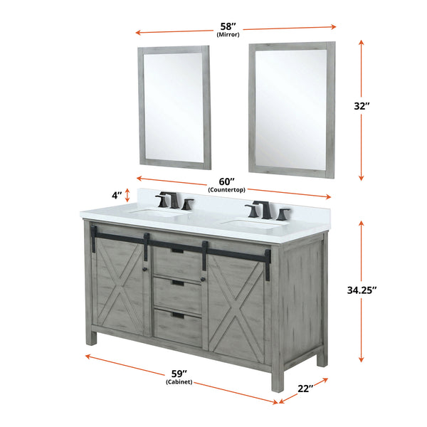 English Elm Ash Grey Double Bath Vanity 60 in. W x 22 in. D with Cultured Marble Top, Matte Black Faucet & Mirrors B2731S01118