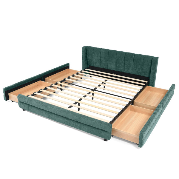 English Elm Queen Chenille Upholstered Storage Bed Wingback Headboard Platform Frame Bedroom Blue+Green W487S00419