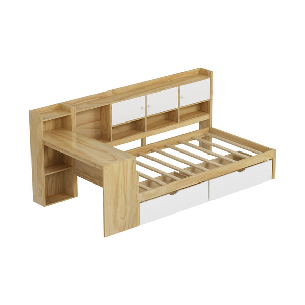 English Elm Wooden L-shape Twin Daybed with Desk Bookshelf and Nine Storage Compartments N733S351668M