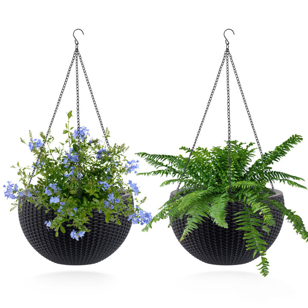 English Elm 13.4 Inch Rattan Texture Self Watering Hanging Planter with Reservoir for Balcony Black W3213P383075