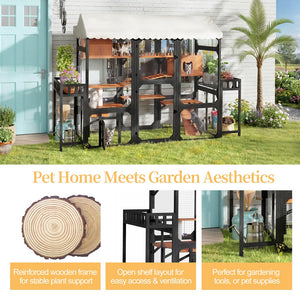 English Elm Large Pine Wood Catio Outdoor Cat Enclosure with Wire Mesh and Dual Plant Stands Black N704G201617B
