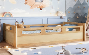 English Elm Twin Low Profile Floor Bed with Guardrails Pine Wood Frame Minimalist Bedroom Natural W1580P438791