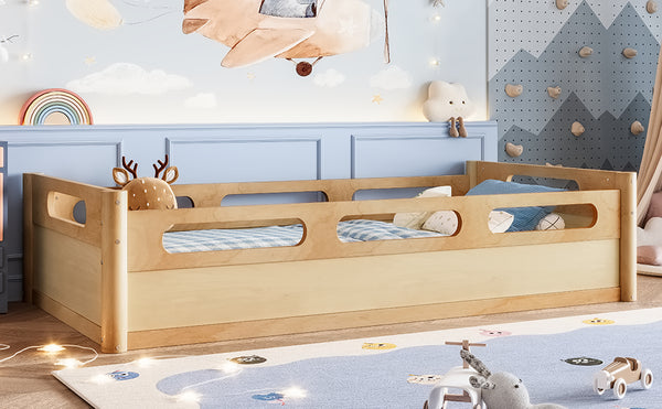 English Elm Twin Low Profile Floor Bed with Guardrails Pine Wood Frame Minimalist Bedroom Natural W1580P438791