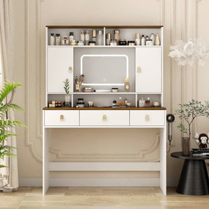 English Elm Farmhouse Vanity with Lighted Mirror Drawers and Styling Tool Storage for Bedroom W1321P423039