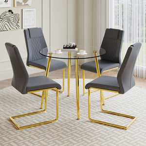 English Elm A Modern Minimalist Style Round Transparent Tempered Glass Table With Gold Metal Legs, Paired With 4 Modern Pu Leather High-Back Dining Chairs,Bringing You A Luxurious Experience.