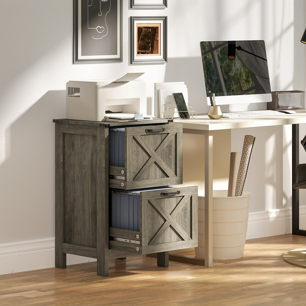 English Elm File Cabinet Two Drawer Rustic Farmhouse Office Storage with Distressed Finish Grey T3971P390043