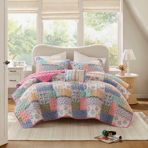 English Elm 4-Piece Full/Queen Quilt Set Pink Floral Coverlet with 2 Shams & Throw Pillow, Soft Microfiber Comfort B035P408452