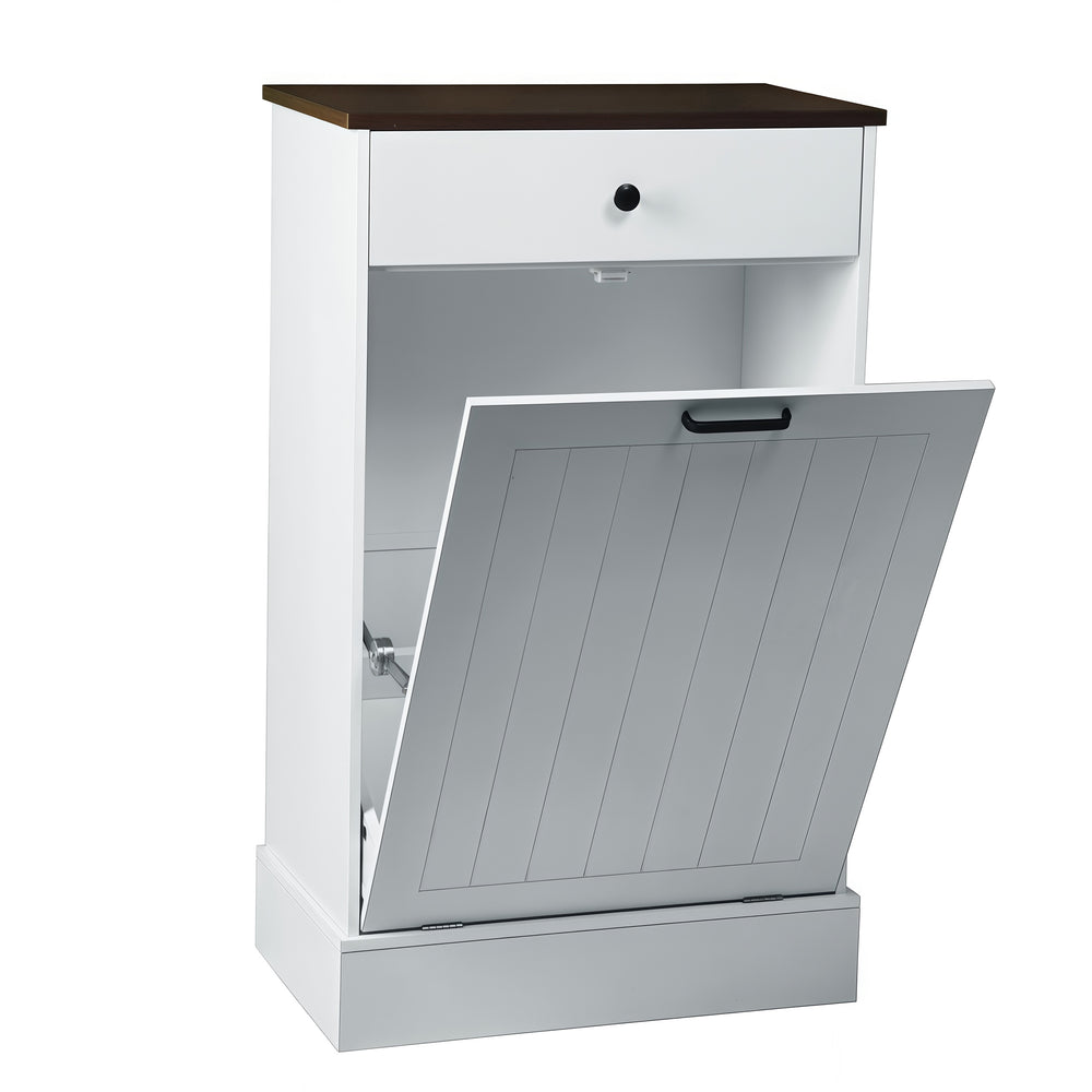 English Elm Tilt Out Trash Can Cabinet 10 Gal Hidden Tilt Design with 2 Drawers Farmhouse MDF Organizer White W3204P364054