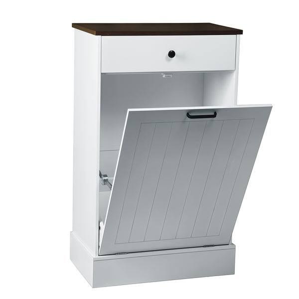 English Elm Tilt Out Trash Can Cabinet 10 Gal Hidden Tilt Design with 2 Drawers Farmhouse MDF Organizer White W3204P364054