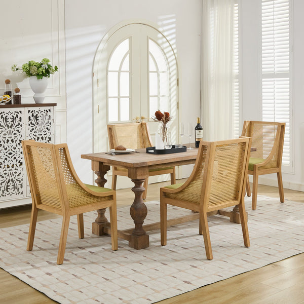 English Elm Rattan Solid Wood Dining Chair with Linen Seat and Decorative Armrests, Rustic Natural Finish Olive Green W1143P335054