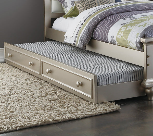 English Elm Contemporary Twin Bed with Trundle and Tufted Upholstered Headboard, Sturdy Slats, Kids Bedroom Furniture Silver,White 83 L x 12 W x 9 H B011S02034