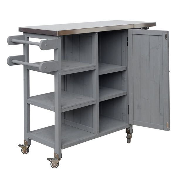 English Elm Foldable Outdoor Kitchen Cart with Stainless Worktop Fir Wood Frame and Lockable Wheels Grey N719P380281K