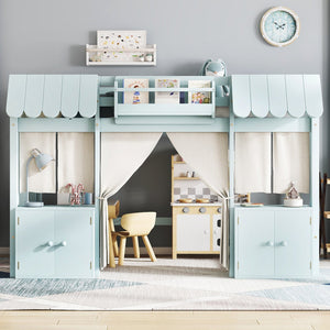 English Elm Twin Loft Bed Cottage-Style Playhouse with Built-In Bookshelf, Curtain & Storage, Safe Guardrails Light Blue W1580S00357