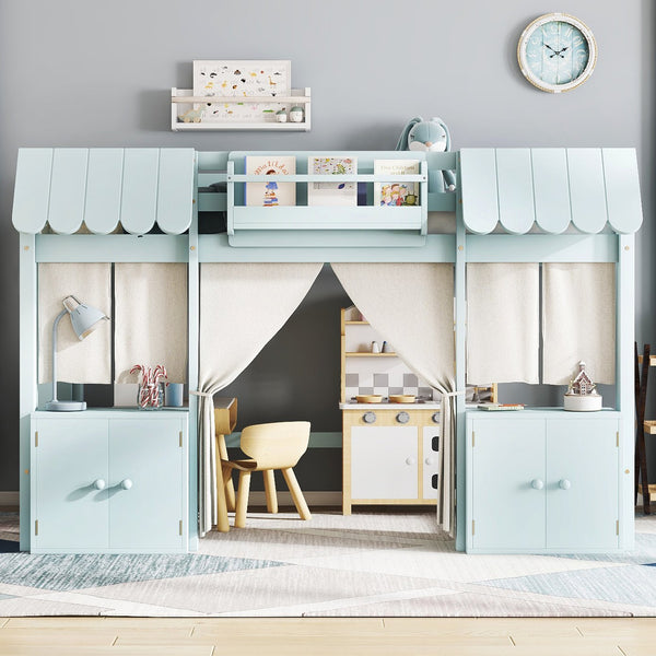 English Elm Twin Loft Bed Cottage-Style Playhouse with Built-In Bookshelf, Curtain & Storage, Safe Guardrails Light Blue W1580S00357