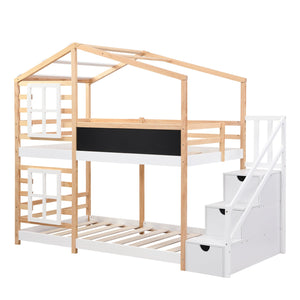 English Elm Twin Over Solid Pine House Bunk Bed with Blackboard Storage Staircase W495S00012