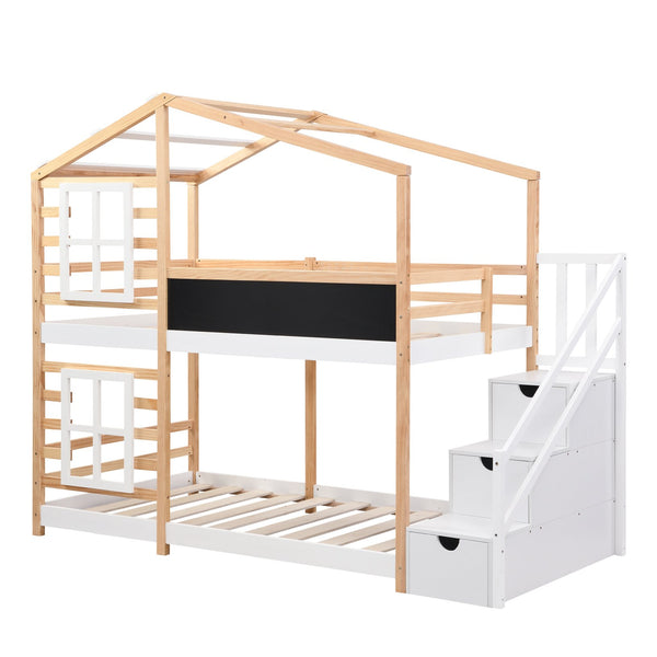 English Elm Twin Over Solid Pine House Bunk Bed with Blackboard Storage Staircase W495S00012