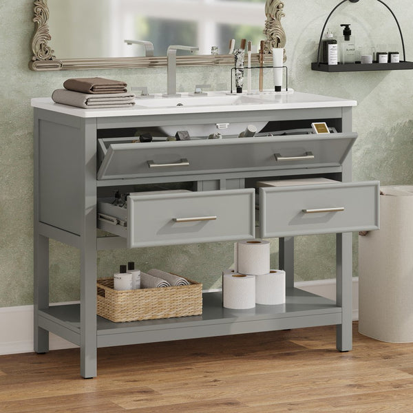 English Elm Christopher Knight Home® - 36" Modern Bathroom Vanity with Ceramic Sink, Tip-Out Tray, Soft-Close Drawers, Open Shelf, Waterproof Surface Gray N817P288908G