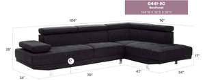 English Elm Riveredge Modern Right-Facing Sectional with Adjustable Armrests & Headrests, Chrome Legs, Fabric Comfort Black 21 L x 76 W x 34 H B078S00397