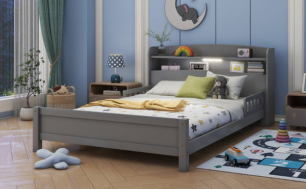 English Elm Full Pine Wood Bed with Bookcase Headboard and LED Motion Sensor Light, Guardrails & Storage Space Grey W504P277598