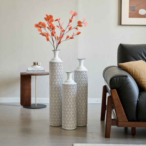 English Elm Floor Metal Vases Set of 3 White & Black Glazed Metal Cylinder Vases Tall Textured Gold Accent Decor W2796P278066