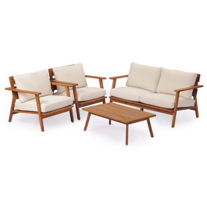 English Elm 4-piece Acacia Wood Outdoor Conversation Set Mid-century Patio with Quick-dry Cushions N767P359942T