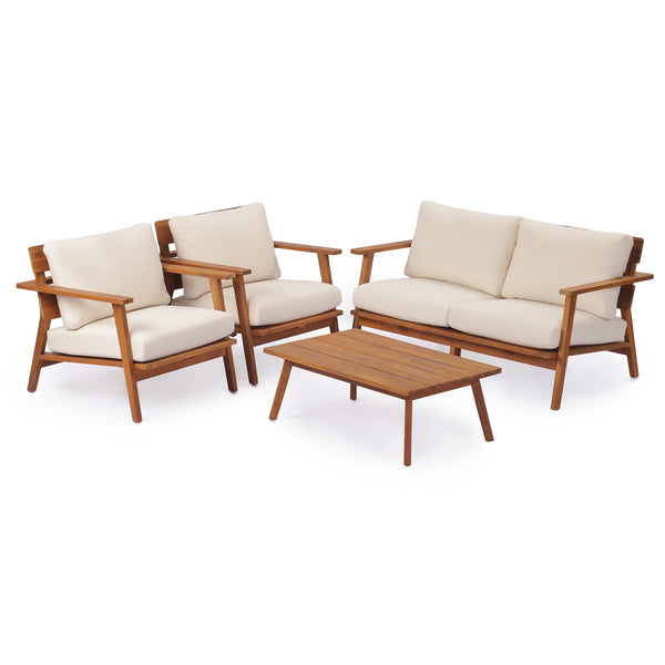 English Elm 4-piece Acacia Wood Outdoor Conversation Set Mid-century Patio with Quick-dry Cushions N767P359942T