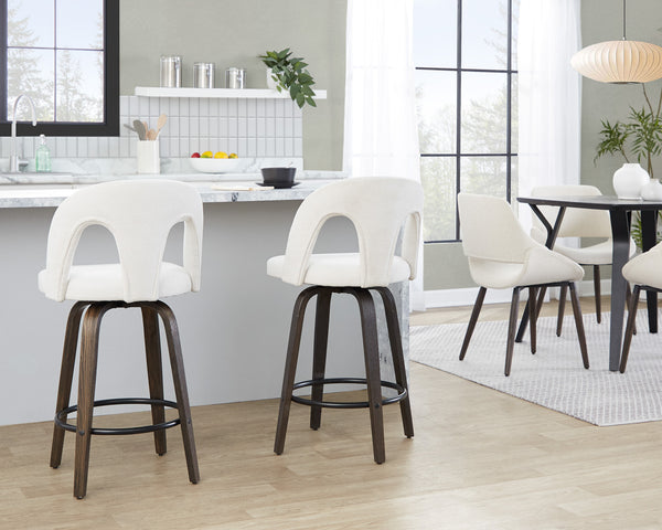 English Elm Fixed-height Swivel Counterstools with Bentwood Legs and Padded White Seats Set of 2 B202S01786
