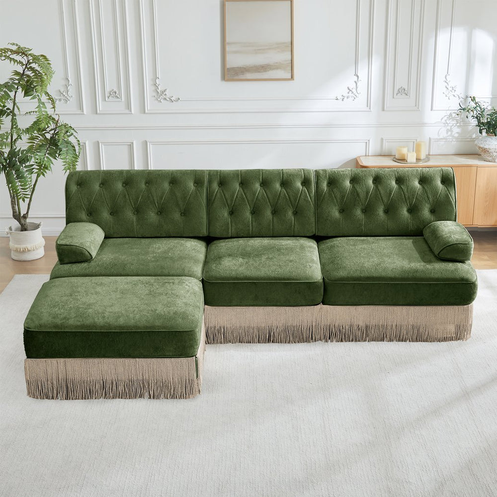 English Elm 3-seater Velvet Modular Sectional with Button Tufting Tassel Skirt and Wooden Base Green W714S01706