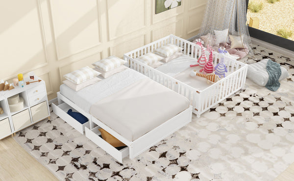 English Elm Full Size Pinewood Kids Daybed with Fence Rails Split Floor Bed and Storage Drawers White LP100882AAK