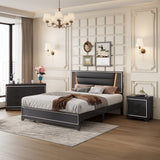 Queen Size Upholstered Bed with LED Lights, Nightstands, Dresser - Black, 3-Piece Bedroom Set