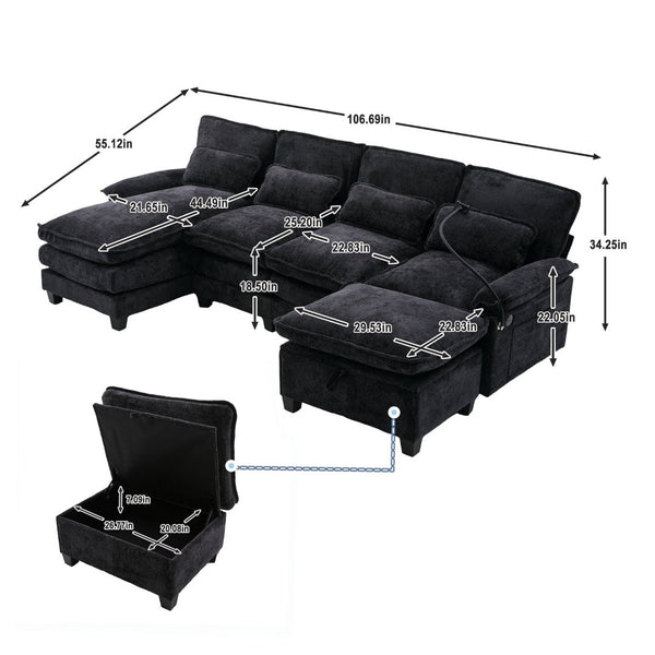 English Elm United U-Shape 106" Sectional Sofa - Cloud Couch With Usb Ports, Storage Ottoman & Comfy Pillows W1568S00229-GIGA