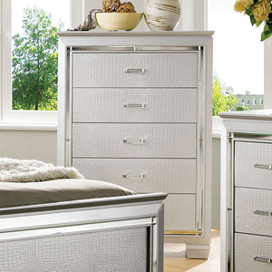 English Elm Contemporary Chic Chest with Gold Accents, Acrylic Trim, Metal Bracket Legs and Dust‑Proof Drawers Silver 42 L x 22 W x 59 H B2741P371015