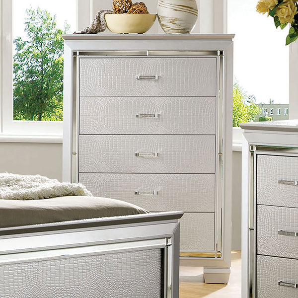 English Elm Contemporary Chic Chest with Gold Accents, Acrylic Trim, Metal Bracket Legs and Dust‑Proof Drawers Silver 42 L x 22 W x 59 H B2741P371015