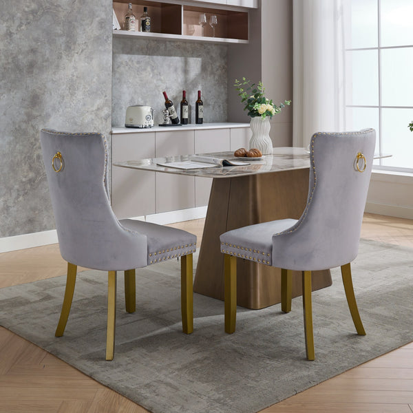 English Elm A&a Furniture Nikki Velvet Wingback Dining Chair Set Nailhead Trim Golden Legs W1143P179488