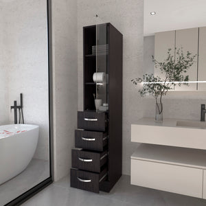 English Elm Linen Cabinet Epic Black — Tall Engineered Wood Bathroom Storage with Glass Door, 3 Shelves & 3 Drawers B092S00293