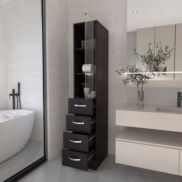 English Elm Linen Cabinet Epic Black — Tall Engineered Wood Bathroom Storage with Glass Door, 3 Shelves & 3 Drawers B092S00293