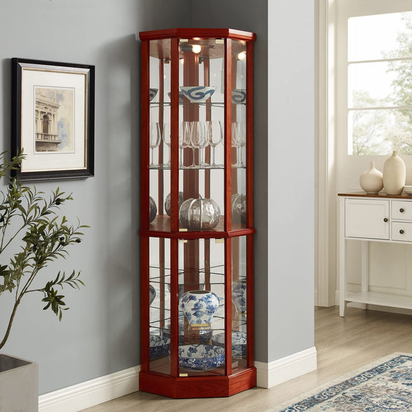 English Elm 6 Shelf Lighted Corner Curio Cabinet with Adjustable Tempered Glass Shelves, Acrylic Mirror Back, Solid Wood Frame Cherry W1693P170931