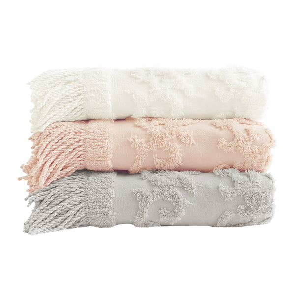 JLA Home Madison Park - 100% Cotton Tufted Chenille Throw with Fringe Tassel — Lightweight, Breathable Boho Layering Accent Grey MP50N-5512