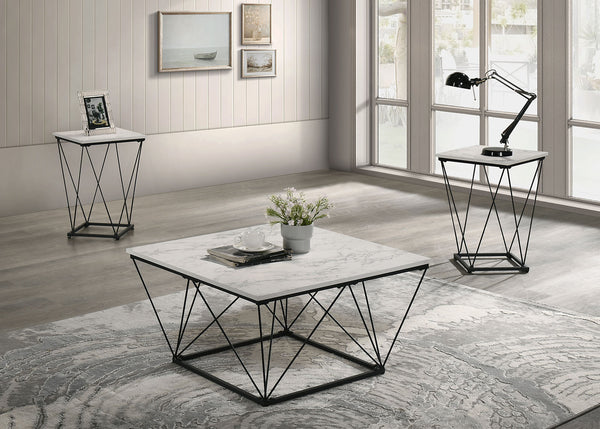 English Elm White Modern 3pc Table Set with Angular Geometric Metal Bases, Engineered Wood Surfaces, Sleek Living Room White 37 L x 35 W x 5 H B2741P391804