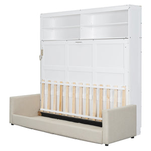 English Elm Queen Murphy Wall Bed with Integrated Sofa Linen Upholstered for Studio Apartments White LP000892AAK-1