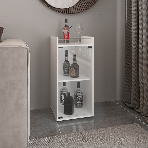 English Elm Theba Minibar Cabinet Kronos White — Compact Two-Door Bar Storage with Open Shelf for Small Spaces B200P335381