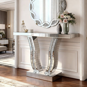 English Elm 43 Inch Mirrored Console Glam Sofa Table with Crystal Stone Inlaid Curved Legs W1445P370475