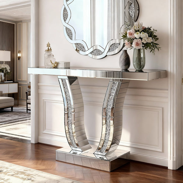 English Elm 43 Inch Mirrored Console Glam Sofa Table with Crystal Stone Inlaid Curved Legs W1445P370475