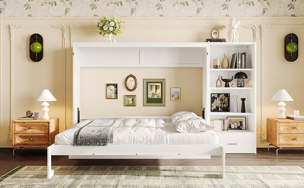 English Elm Queen Murphy Bed with Built-In Shelves, Height-Adjustable Storage & Drawer for Small Spaces White 71.6 L x 21.5 W x 6.1 H N733S309223K